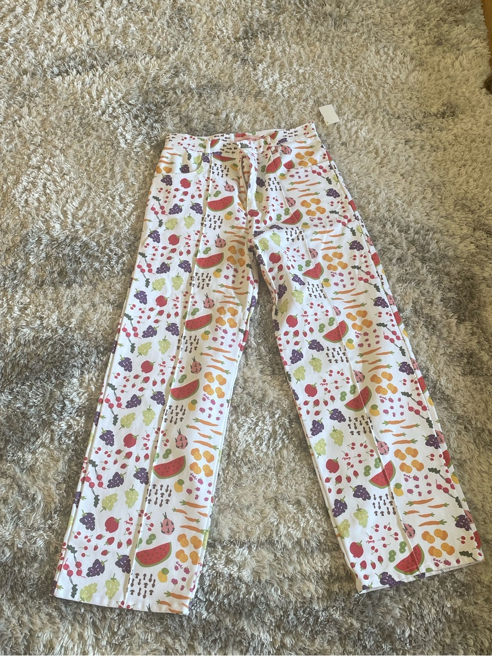 Lisa Says Gah Fruit Veggie Print Pants Size 30 High Rise Straight Leg